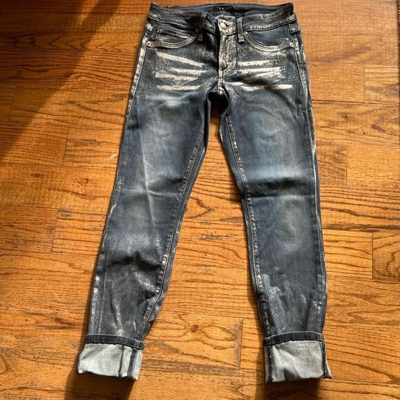 Bebe Precious Metal Icon Silver Rain Metallic Denim Jeans Size 27 Made USA 🇺🇸 - Picture 4 of 12